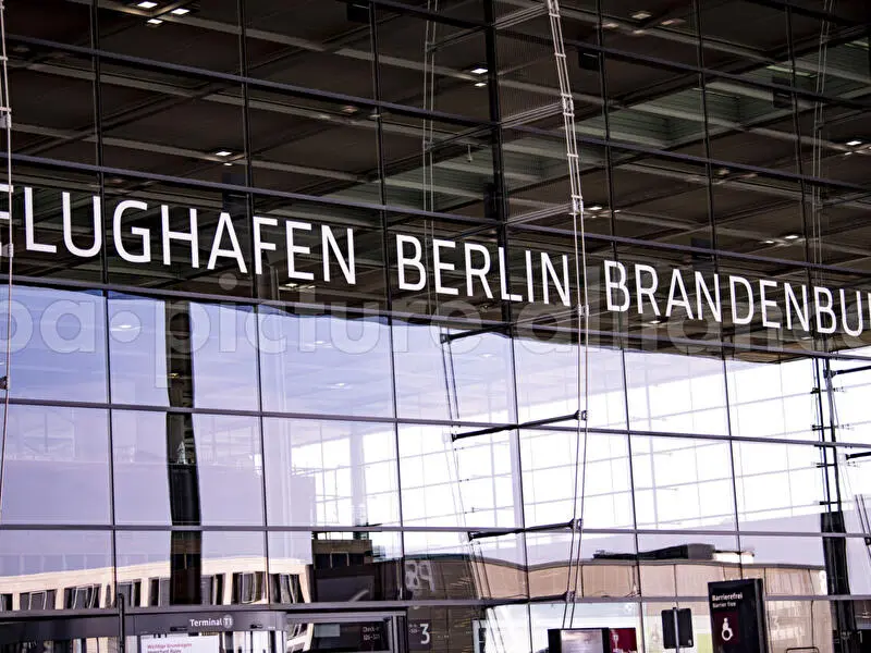 Main entrance to Berlin Brandenburg lettering BER Germany
