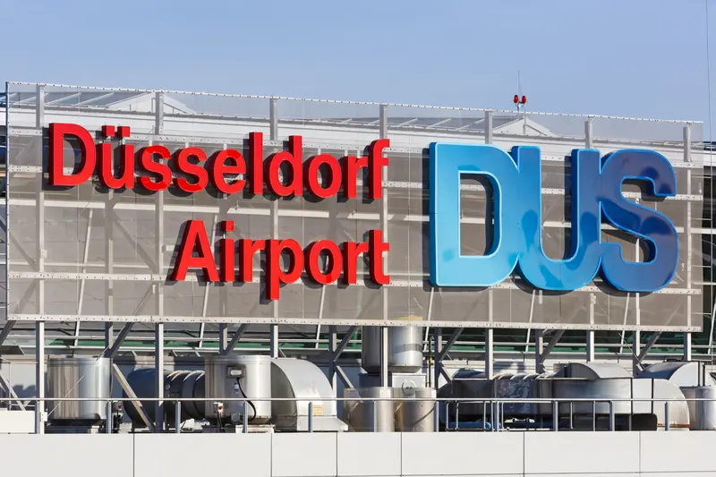 Main entrance to Berlin Dusseldorf airport lettering DUS Germany