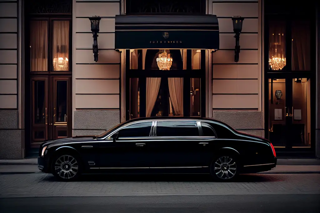 black limousine parked outside street front hotel five stars